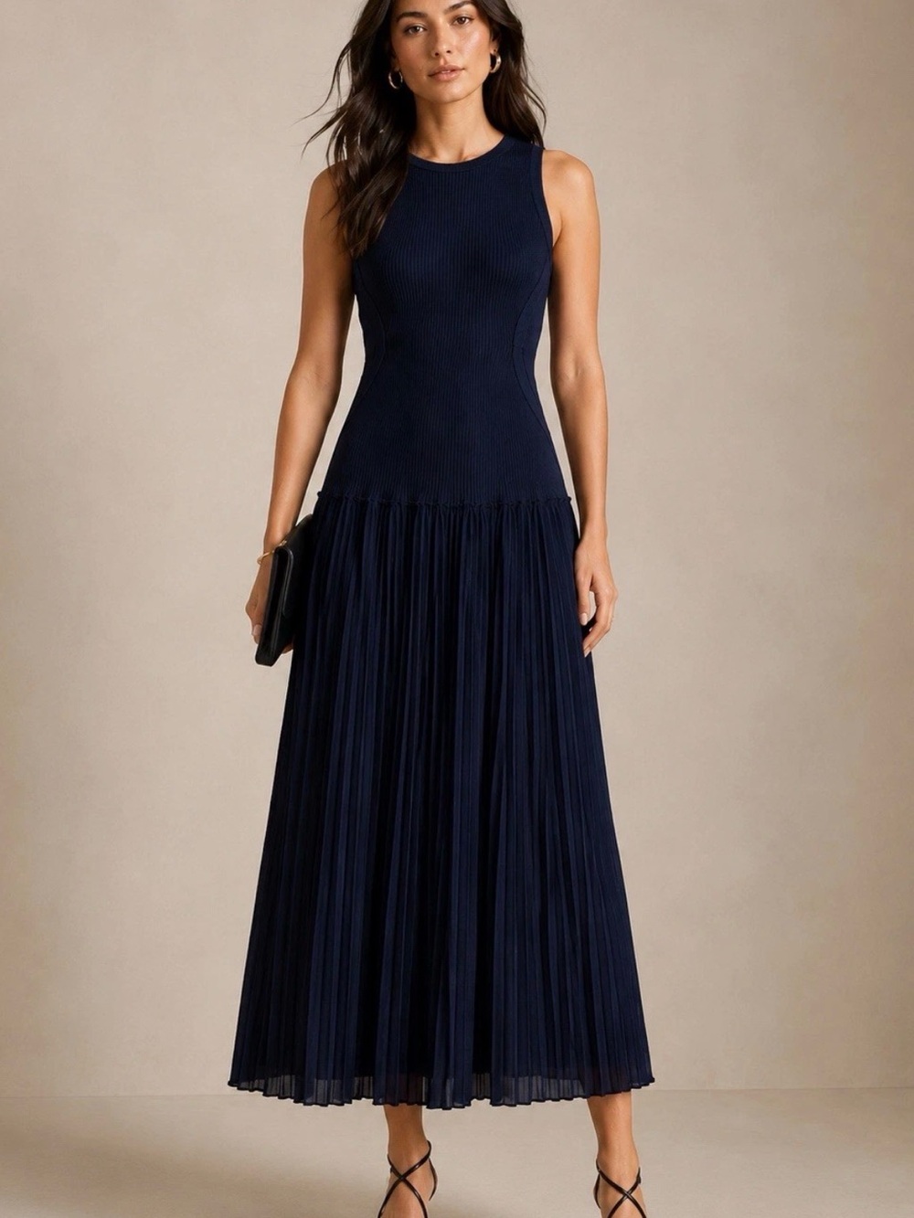 10 Crosby Derek Lam Navy Sleeveless Pleated Midi Dress